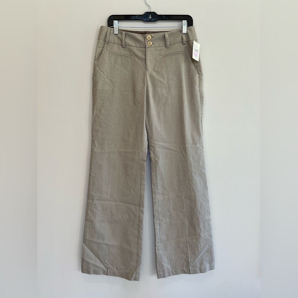Nanette Lepore NWT Striped Restless Wide Leg Cotton Trouser Pants Khaki Grey, 6
